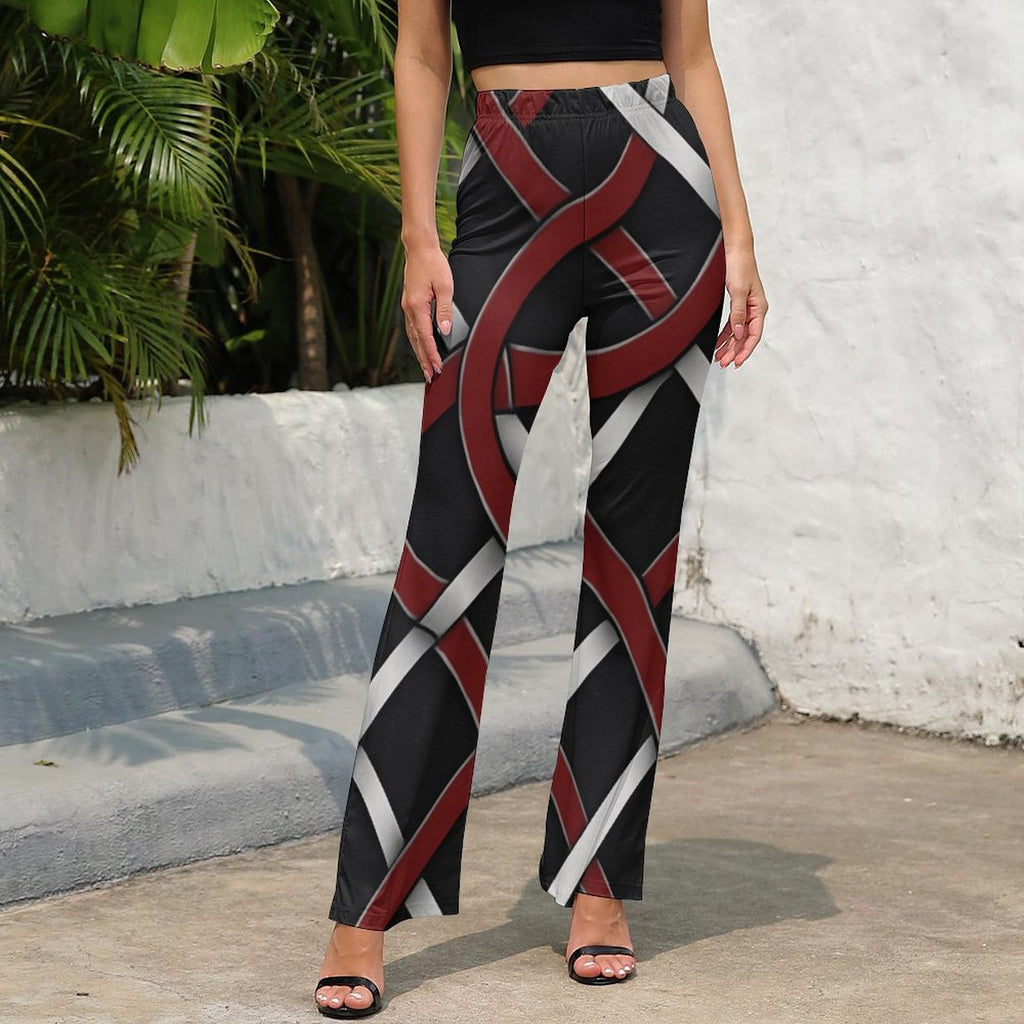 Rich and Rich Women's Red and Gray Bell-Bottoms Flare Pants with Elastic Waistband