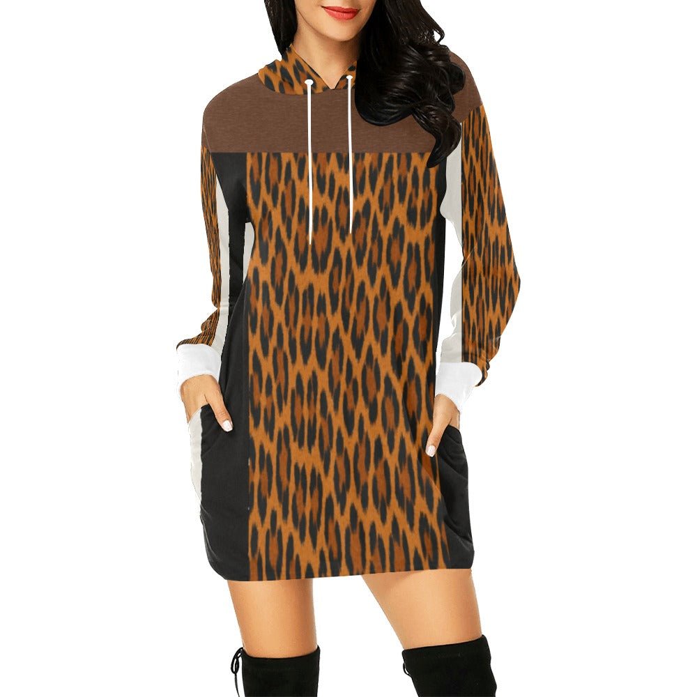 Oversized black and white animal print hoodie dress with hood, long sleeves and deep pockets