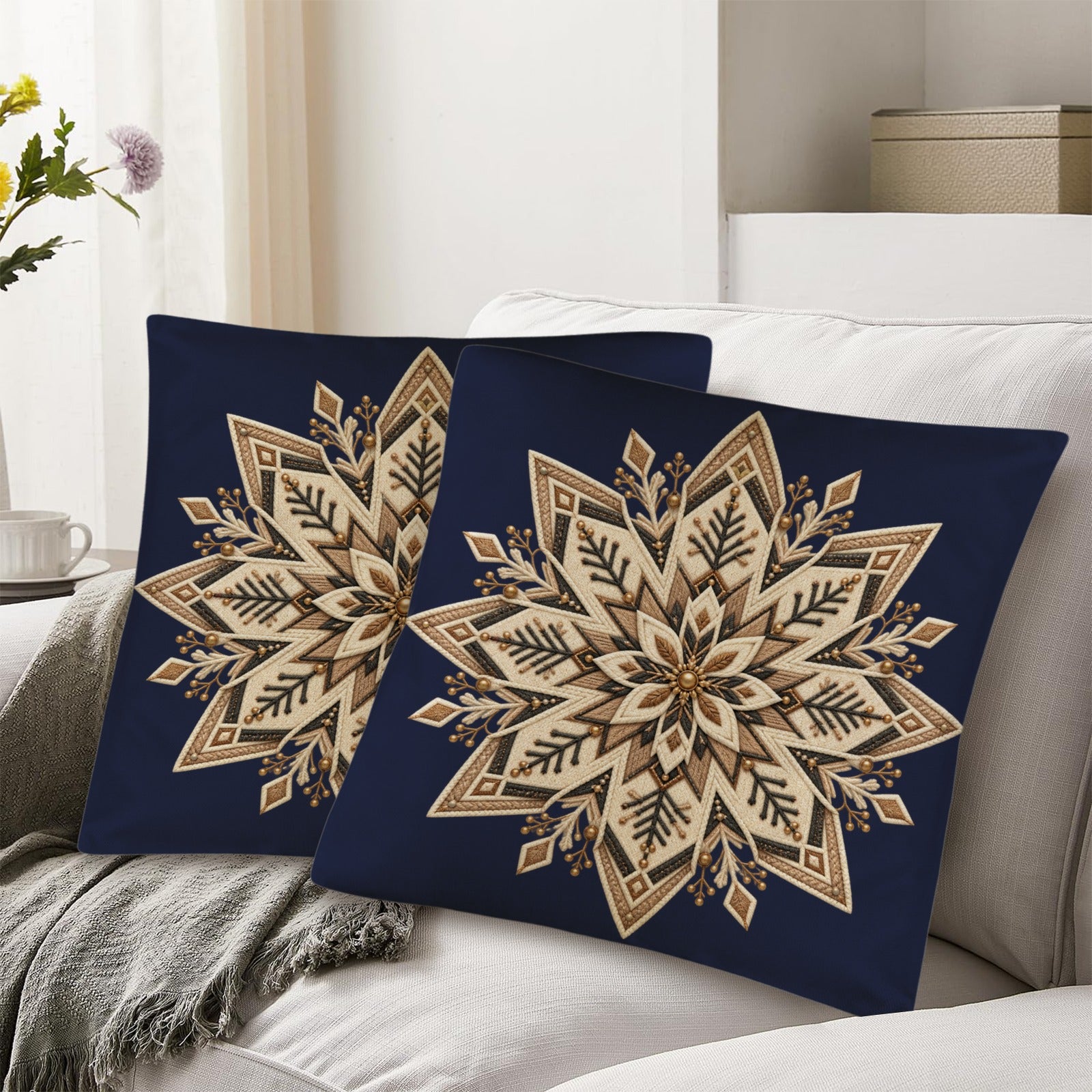 Rich and Rich Navy Blue Nordic Snowflake Linen Pillows with Pillow Core 18 x 18 Set of Two - Rich and Rich Homeopportunities
