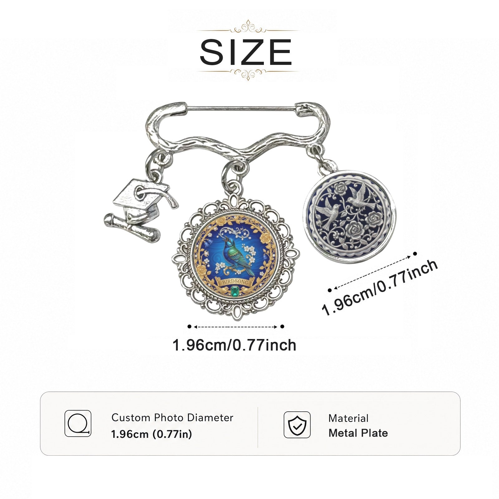 Floral brooch with birdsong motif, two round photo charms and a graduation cap charm — alternate view