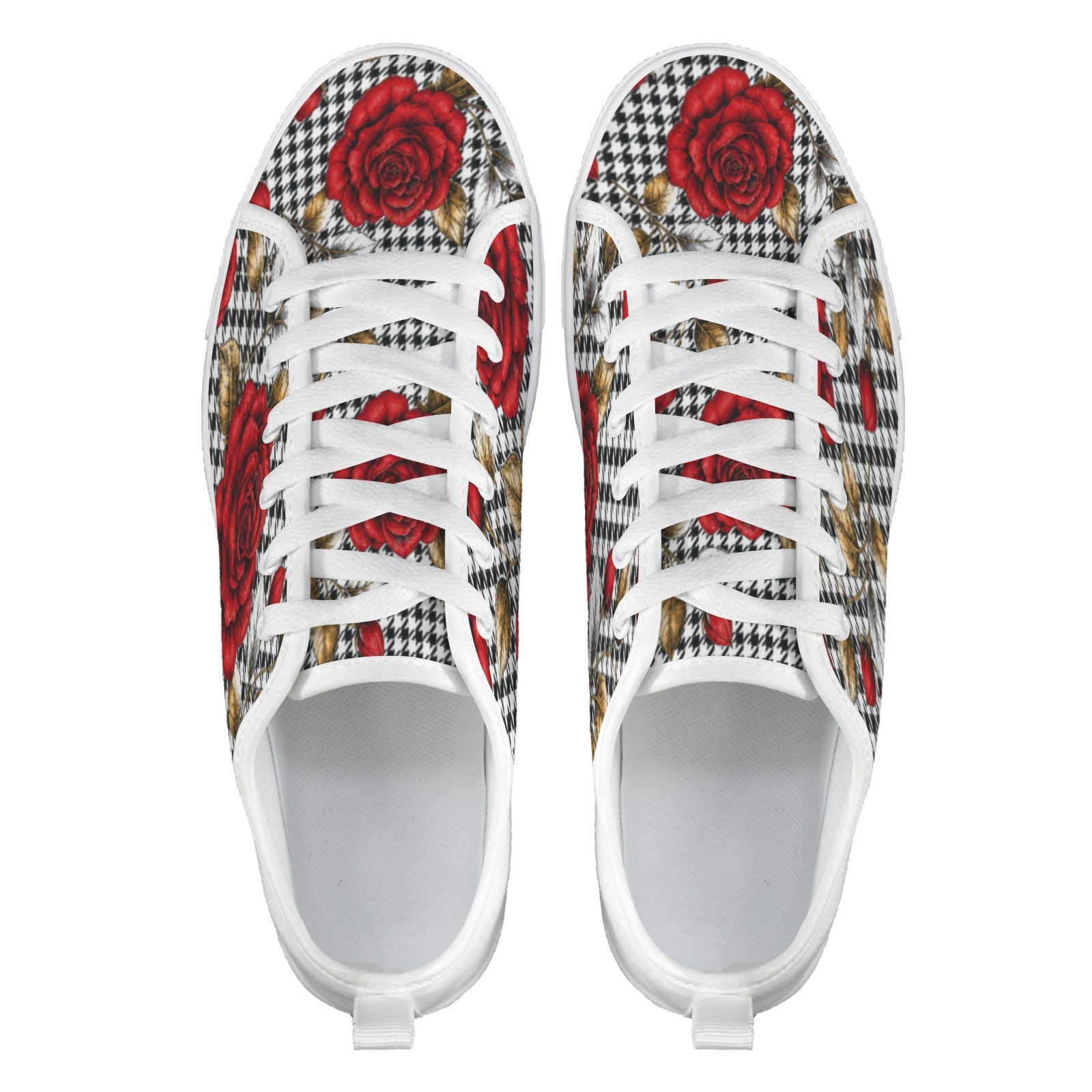 Low-top women's sneakers with red rose houndstooth print on nylon canvas and rubber outsole — additional view 15