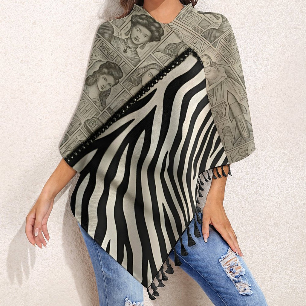 Rich and Rich Black and Beige Women's Tassel Cape with loose cardigan style