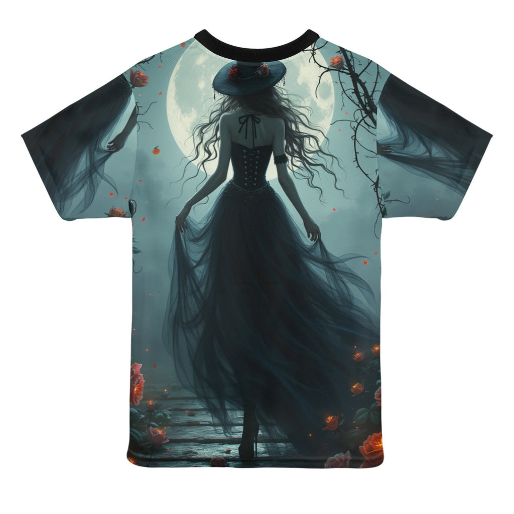 Rich and Rich Halloween Women's Graphic All-Over Print T-Shirt in black with festive Halloween design