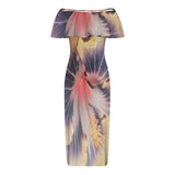 Women's off-shoulder multicolor purple floral long dress with ruffle boat neck — rear view