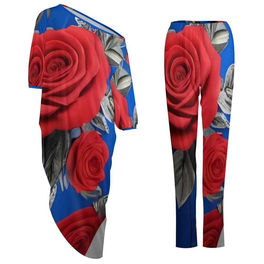 Women's off shoulder two-piece set featuring diagonal shoulder design in soft polyester blend