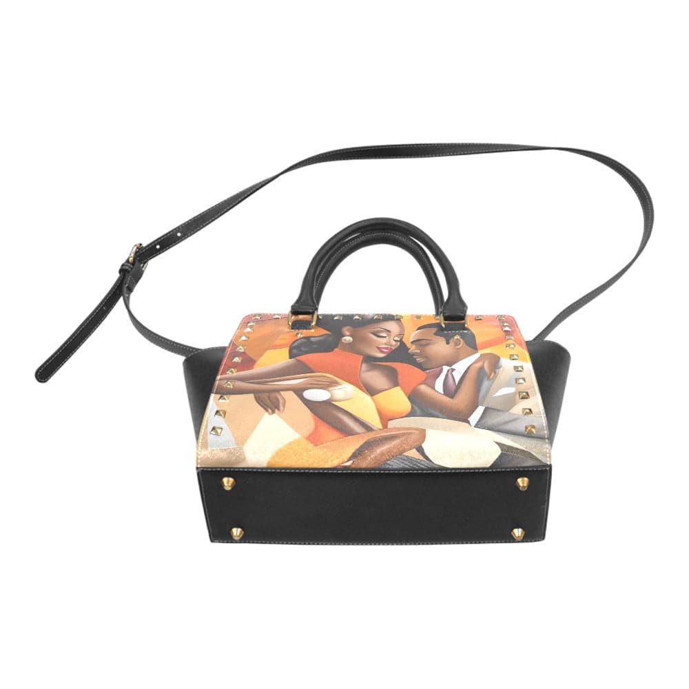R&RH Rustic Orange Rivet Shoulder Handbag made of PU leather with adjustable strap