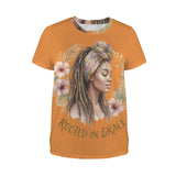 Women's orange crewneck T-shirt with Rooted in Grace graphic print — side view