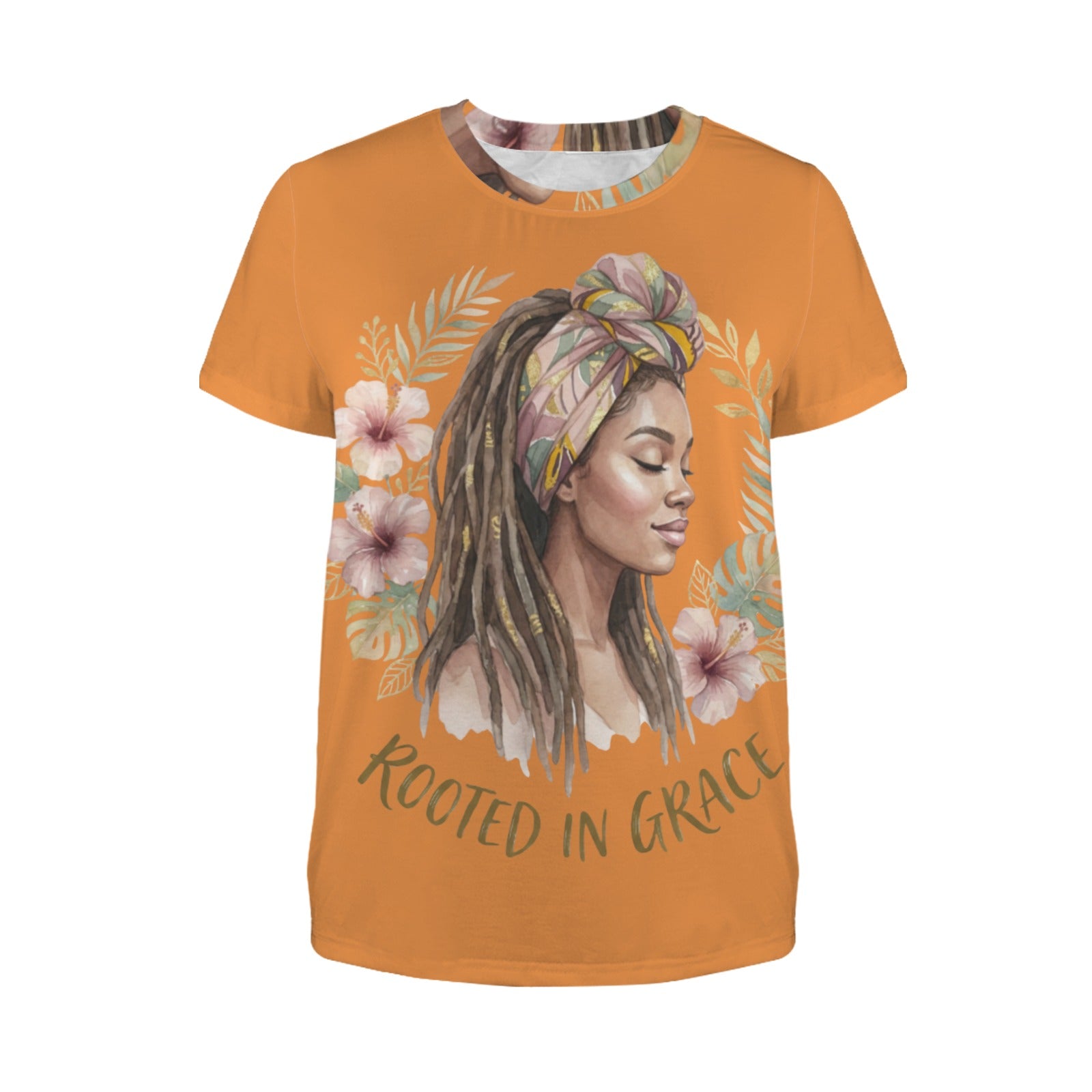 Women's orange crewneck T-shirt with Rooted in Grace graphic print — side view