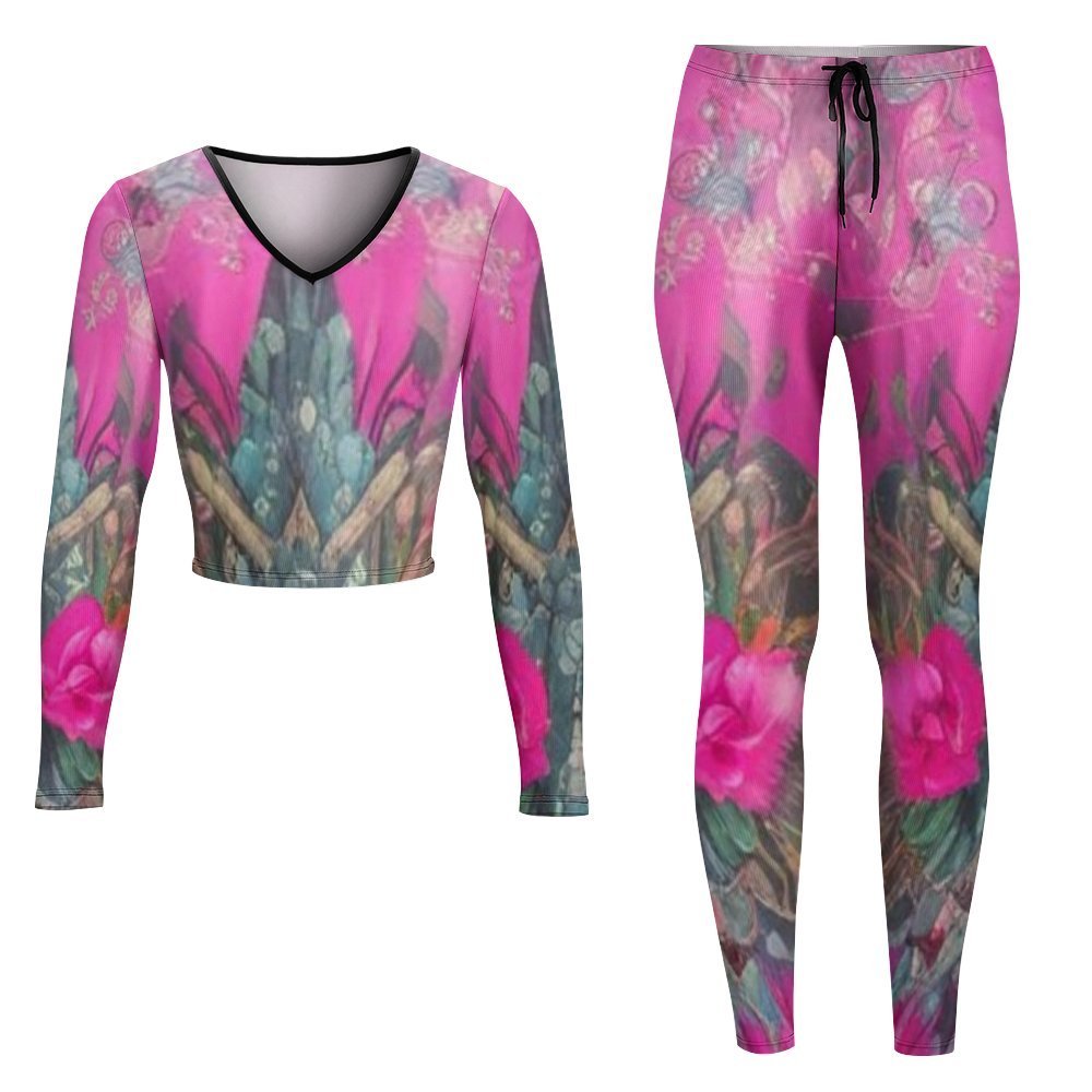 Women's pink floral V-neck long-sleeve yoga sweatshirt and matching pants set — alternate view