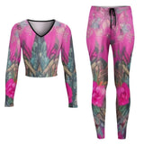 Women's pink floral V-neck long-sleeve yoga sweatshirt and matching pants set — alternate view