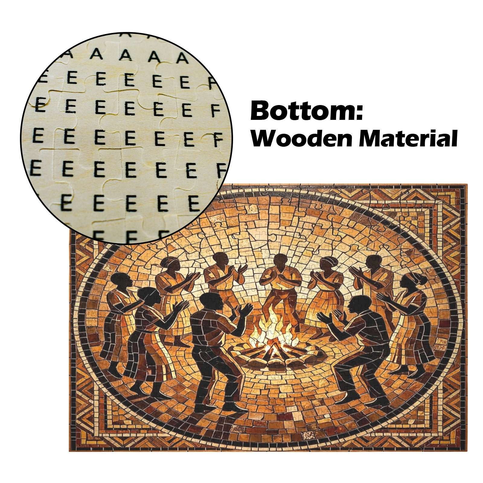 1000-piece wooden mosaic puzzle of figures dancing under firelight, warm tones — side view
