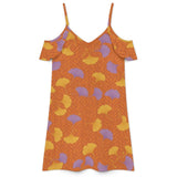 Orange floral women's dress with spaghetti straps, cold-shoulder ruffle sleeves and relaxed silhouette — additional view 6