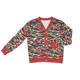 Ribbed cardigan with camouflage print and red accents, long-sleeve regular-fit layer — product detail