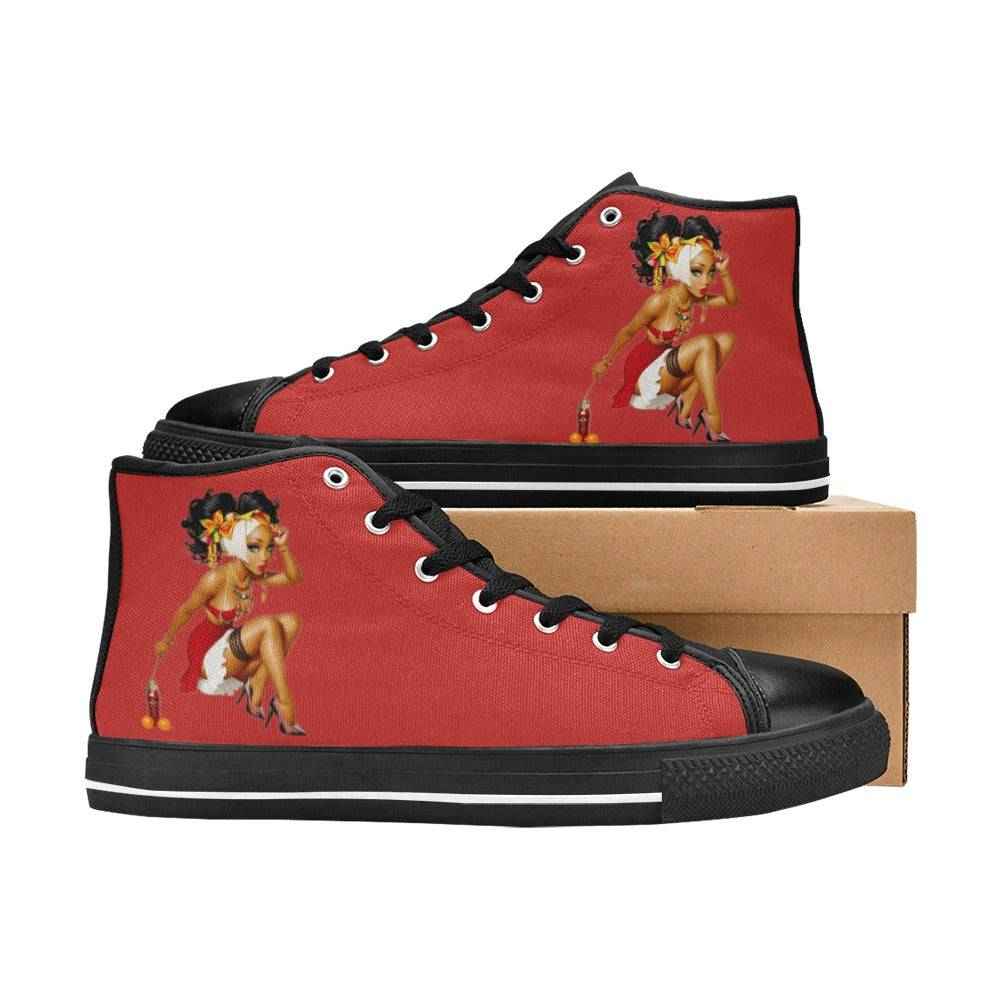 Red women's high-top canvas sneakers with lace-up closure and painted midsole