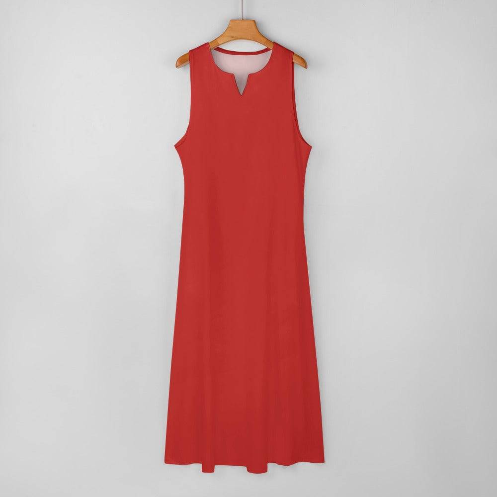 Sleeveless ankle-length red women's dress with slim fit and side pockets — side view