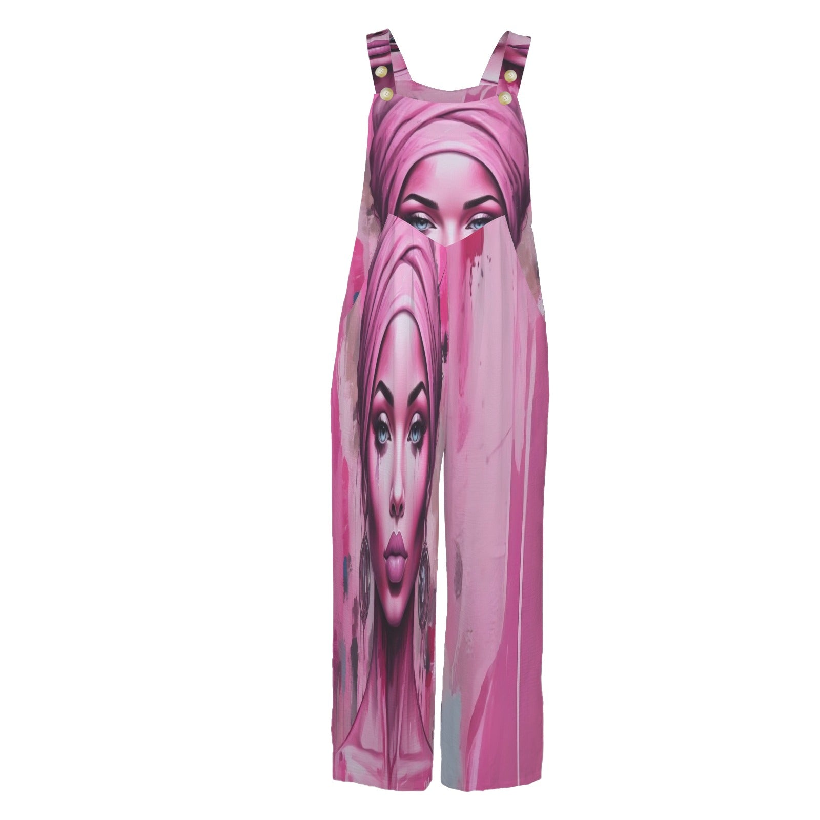 HerEyes sleeveless wide leg jumpsuit with button straps and pockets in polyester-spandex fabric