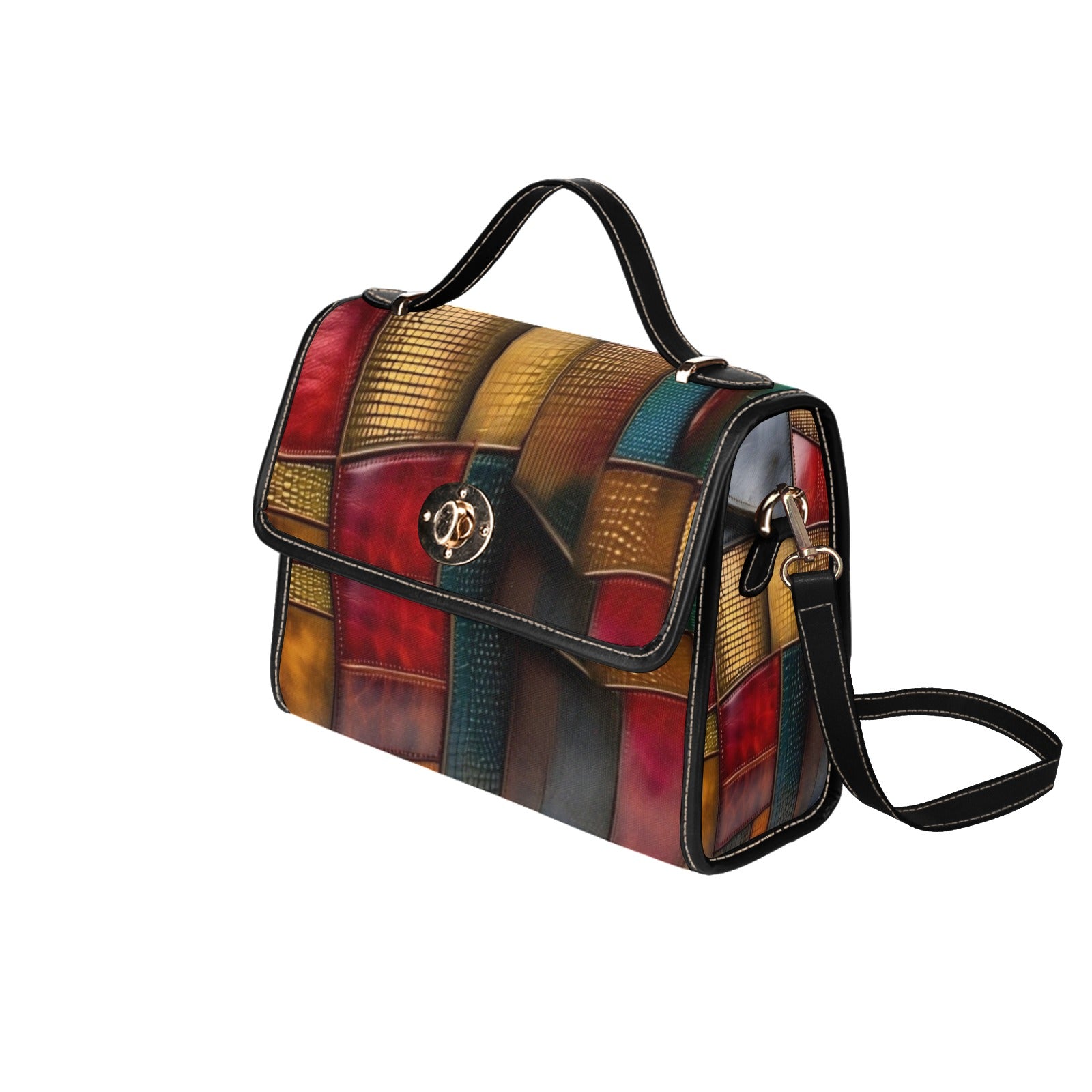 R&RH Multi Brown Color Block Womens Waterproof Leather Tote Bag with Black Adjustable Straps