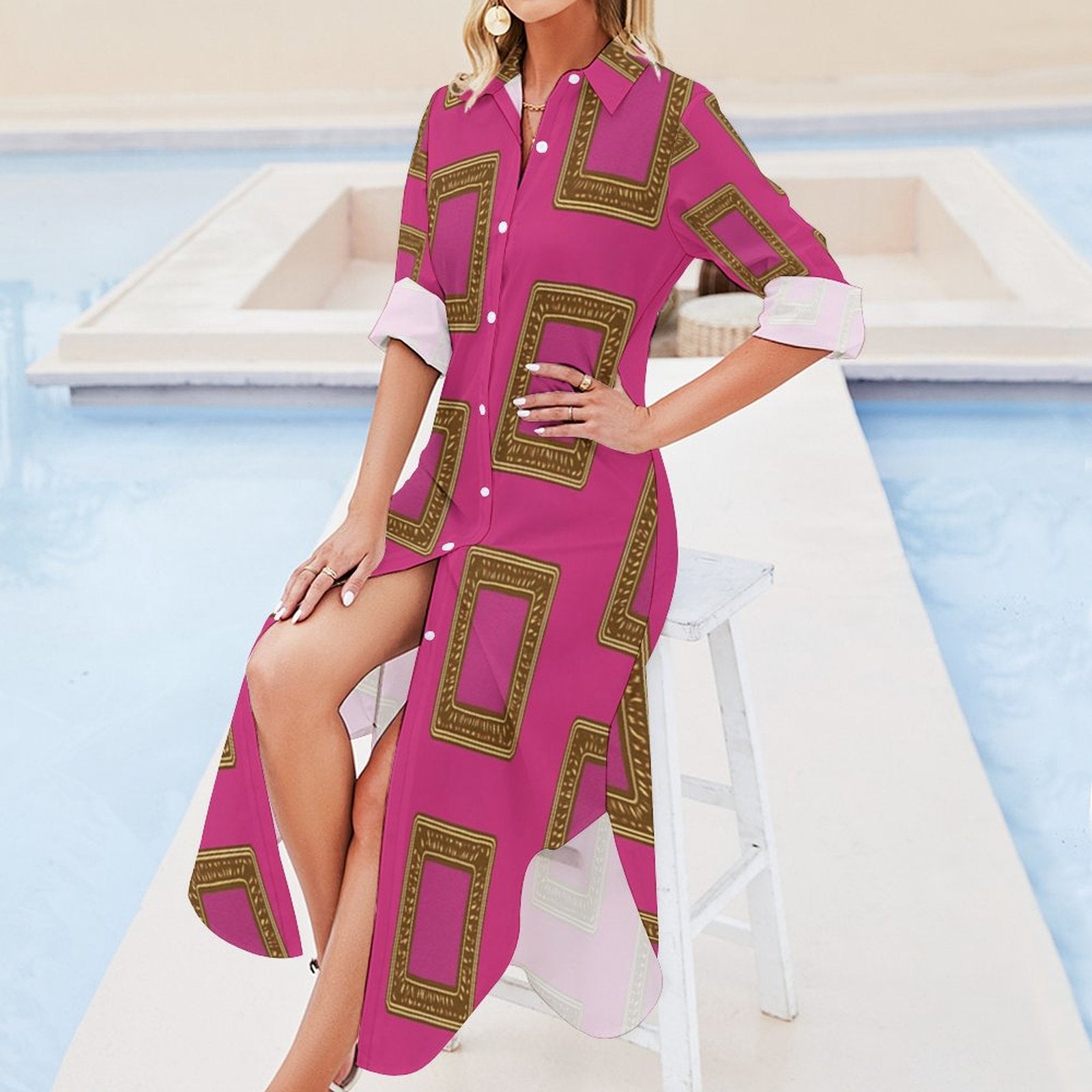 Pink long-sleeve button-up shirtdress with a split hem and relaxed long-shirt silhouette — additional view 6