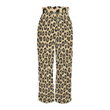 Brown animal print wide-leg women's pants with elastic waistband, tied belt, and side pockets — additional view 6