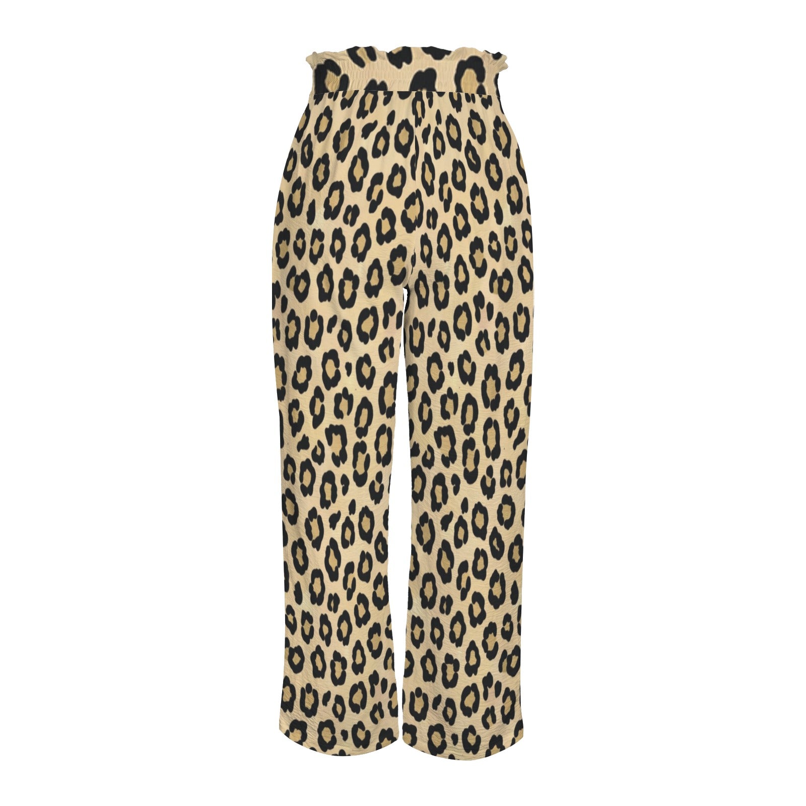 Brown animal print wide-leg women's pants with elastic waistband, tied belt, and side pockets — additional view 6