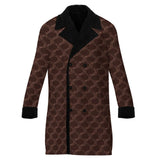 Chocolate brown men's double-breasted coat with circular geometric pattern and sherpa lining — product detail