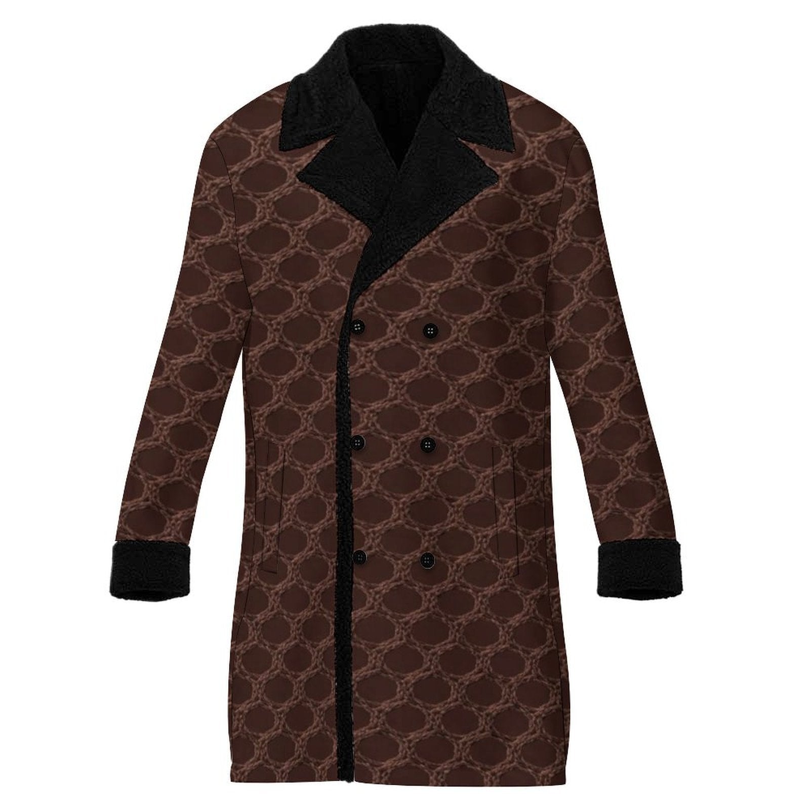 Chocolate brown men's double-breasted coat with circular geometric pattern and sherpa lining — product detail