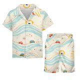 Bright yellow boys' short-sleeve button-up shirt with matching shorts in smooth peach-skin velvet — side view