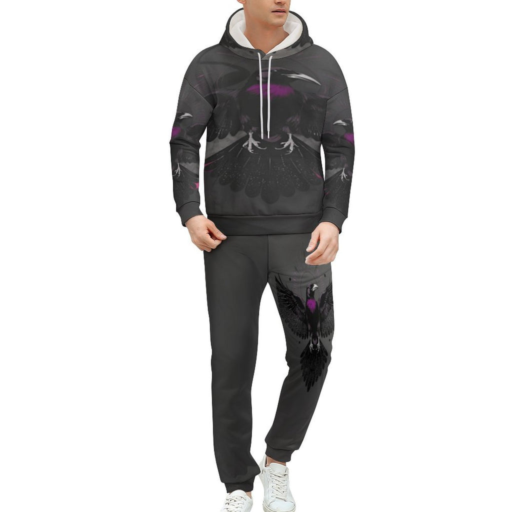Men's all-over print sweater suit tracksuit with cropped hoodie and drawstring hood