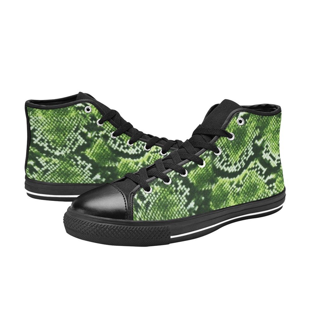 Green patterned women's high-top canvas tennis shoe with lace-up closure and rubber sole — alternate view