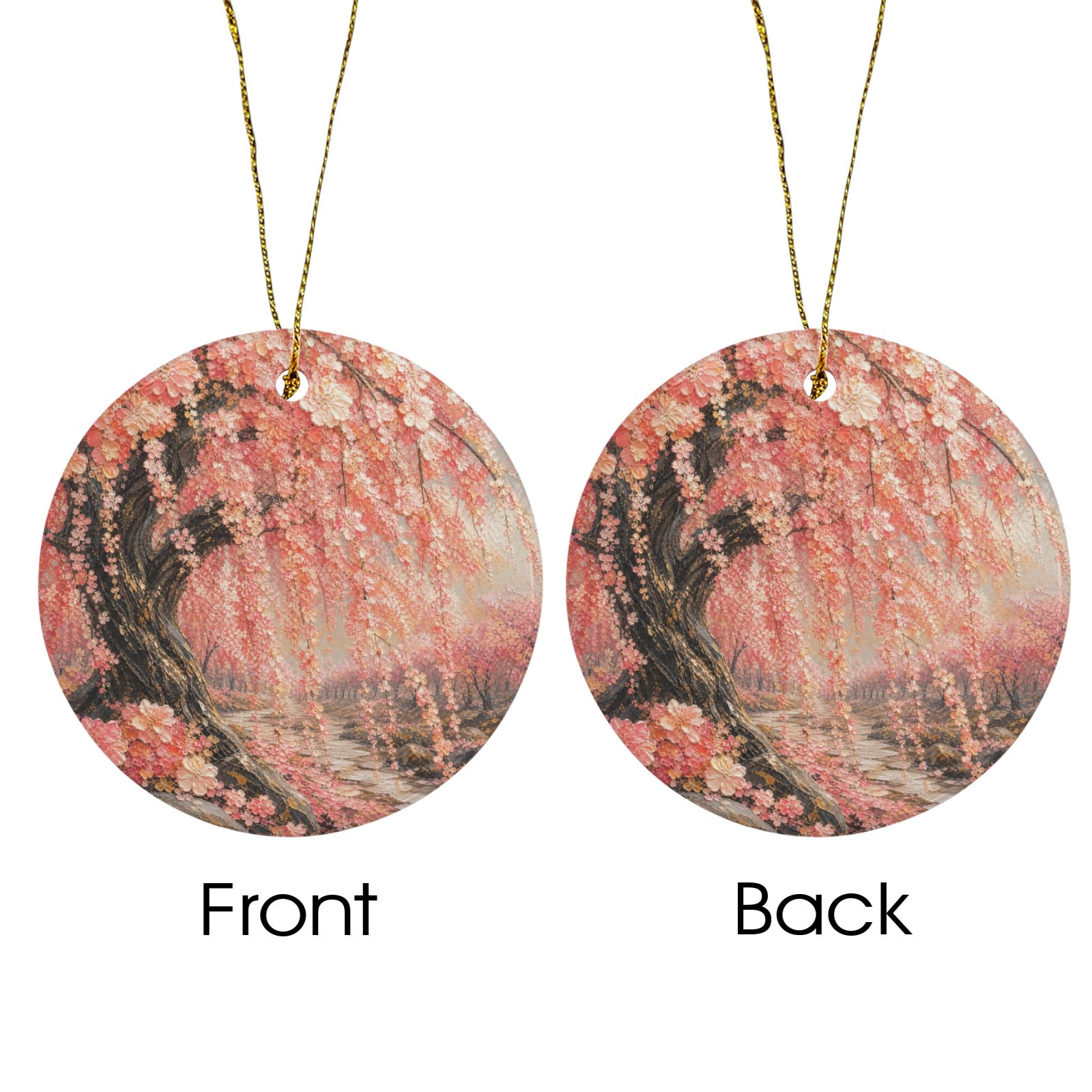 Two round hanging ornaments shown side by side on a white background, labeled Front and Back. Each ornament has a gold necklace cord and features an artistic print of a pink flowering tree in a reflective water scene.