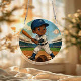 Round acrylic baseball ornament with metal hanging chain, 20.8 cm diameter — side view
