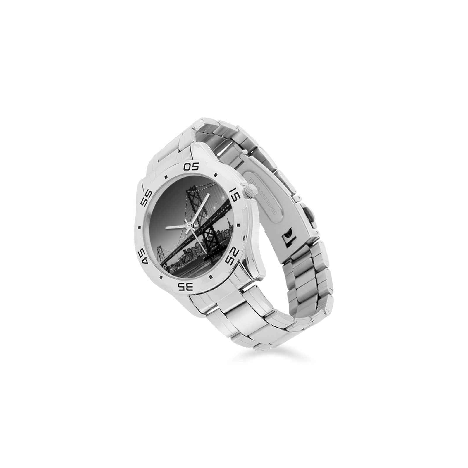 Men's stainless steel analog watch with San Francisco bridge design and metal band — alternate view