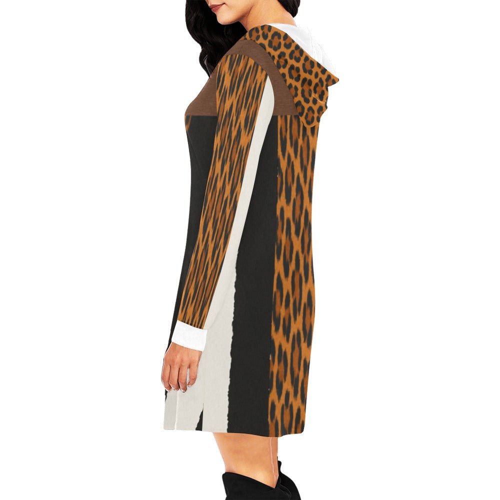Oversized black and white animal print hoodie dress with hood, long sleeves and deep pockets — side view