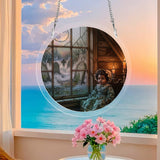 Round acrylic ornament with haunted doll illustration and included hanging chain — product detail