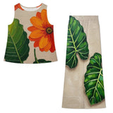 Orange floral chiffon sleeveless top and high-waist wide-leg pants set — alternate view