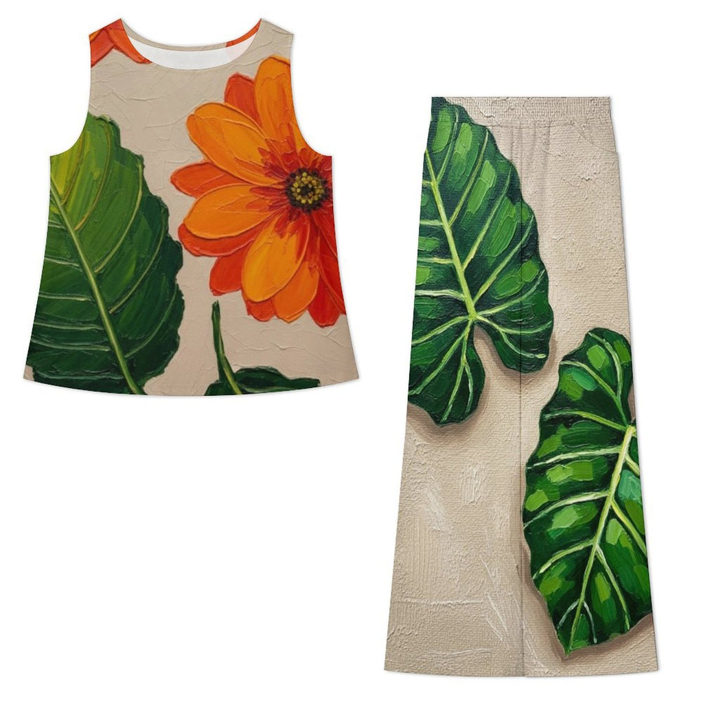 Rich and Rich Orange Floral Chiffon Pants Set featuring sleeveless top and wide-leg pants