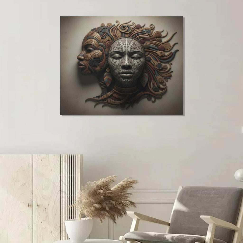 Rich and Rich Faces 16x20 framed canvas print featuring earthy tones and abstract face artwork