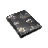 Compact black microfiber bifold wallet with caricature design, clear ID window and multiple card slots