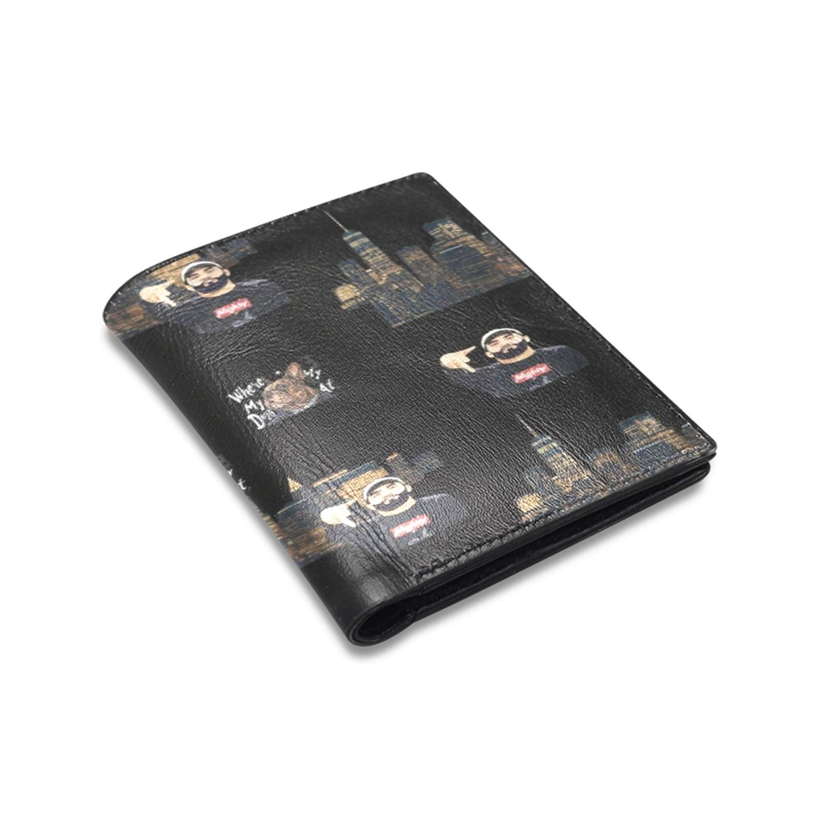 Compact black microfiber bifold wallet with caricature design, clear ID window and multiple card slots