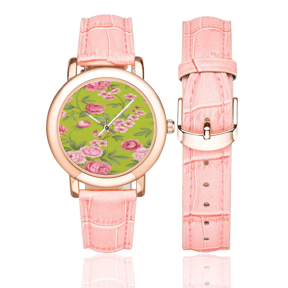 Rich and Rich Pink Floral Boston Leather Handbag with Matching Watch and Earrings