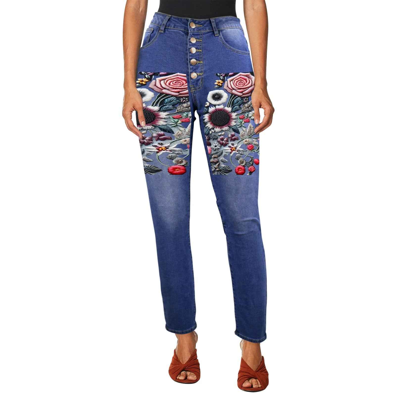 Women's high-waist jeans with floral embroidery on front and five-button closure
