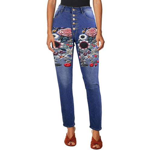 R&RH Women's High Waist Jeans with Embroidered Floral Front Design