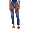 Rich and Rich Rust Orange high waist women's jeans with front print and five-button closure