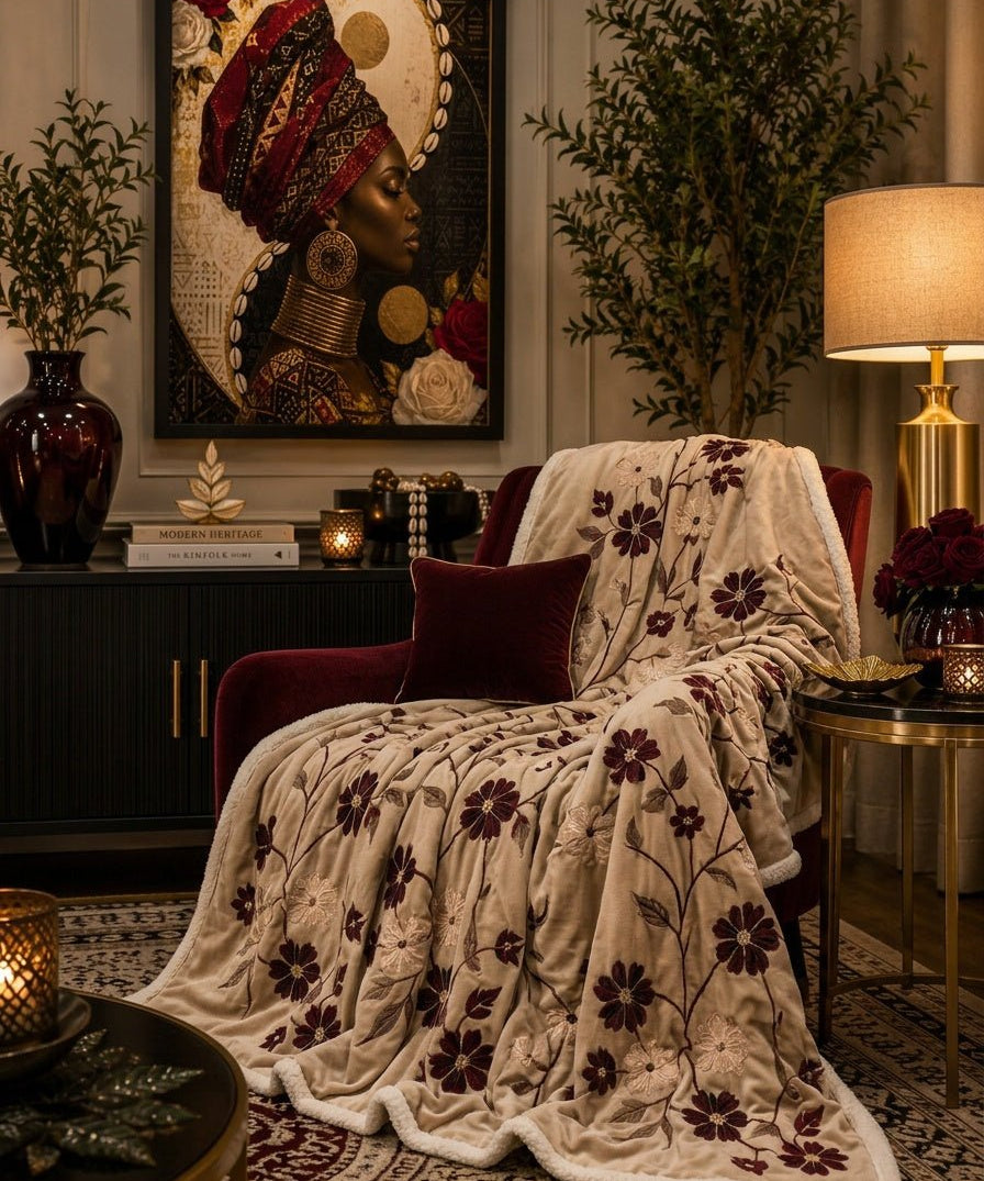 Burgundy blossom printed throw blanket with Sherpa fleece backing, 50 by 60 inches