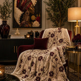 Burgundy blossom printed throw blanket with Sherpa fleece backing, 50 by 60 inches