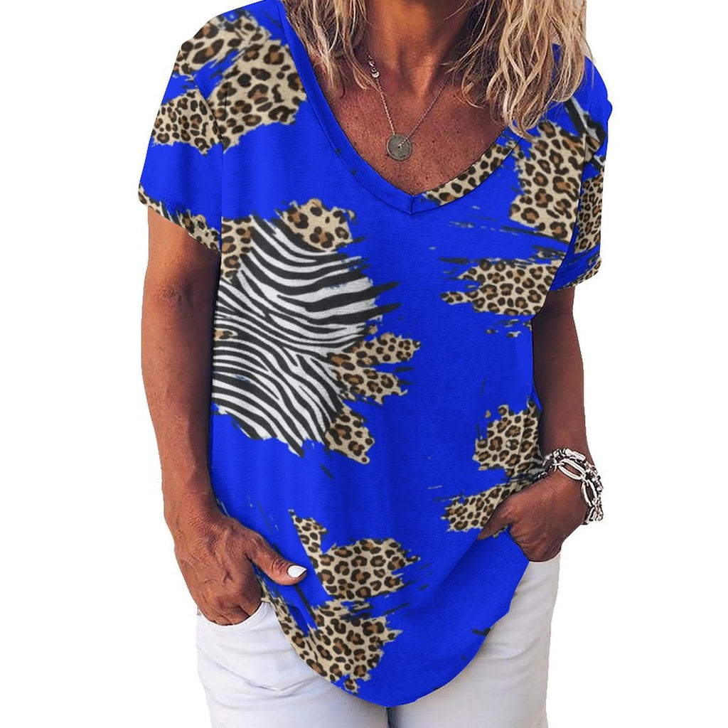 Rich and Rich Royal Blue Animal Print Women's Short-Sleeve V-Neck T-Shirt
