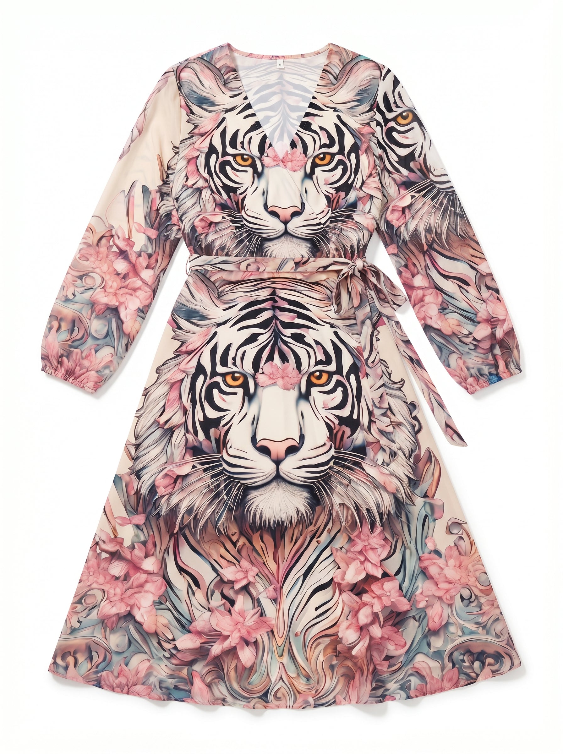 Rich & Rich White Tiger Cherry Blossom All-Over Print Wrap Midi Dress flat mockup