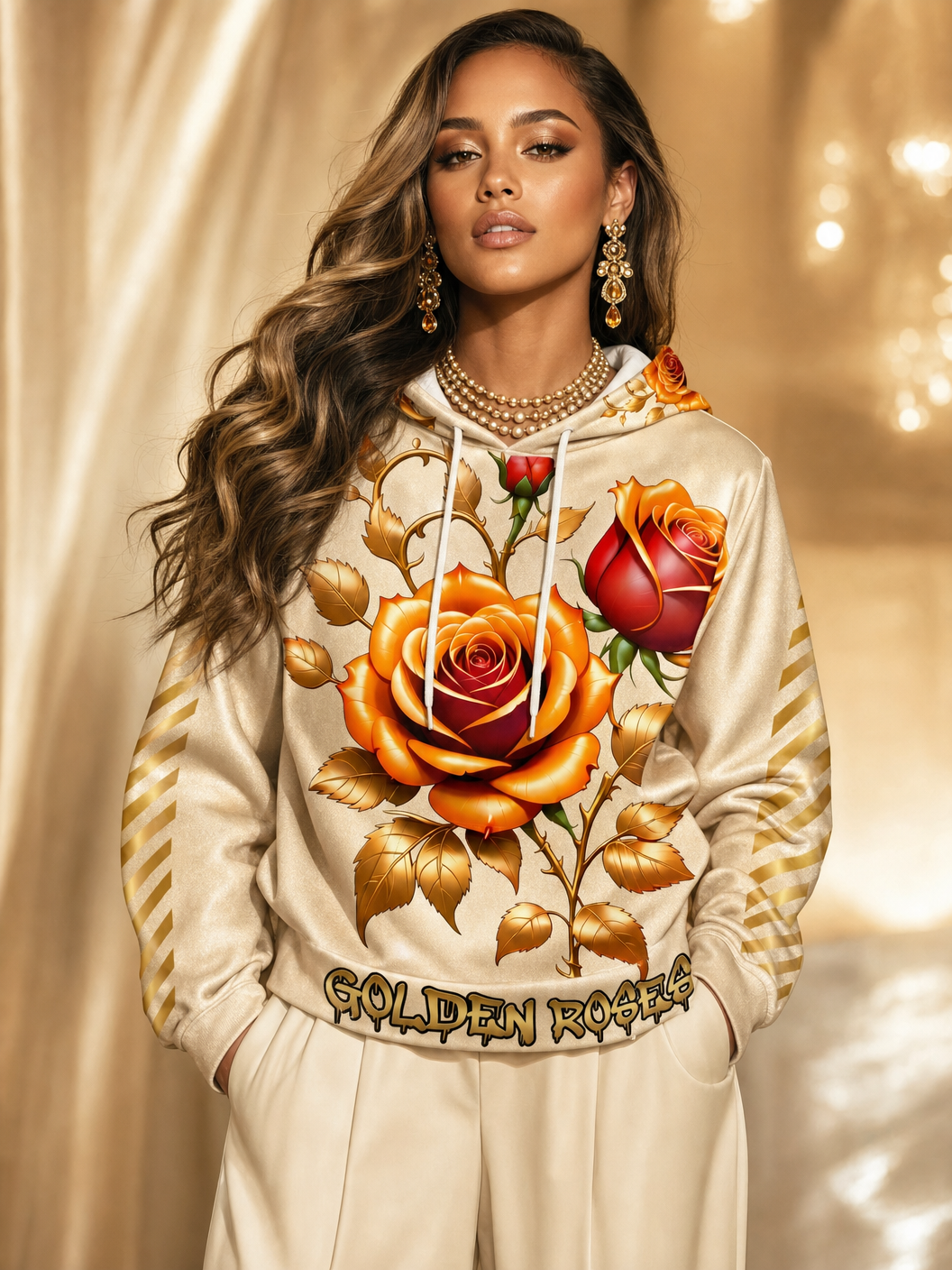 Model wearing Golden Roses Hoodie