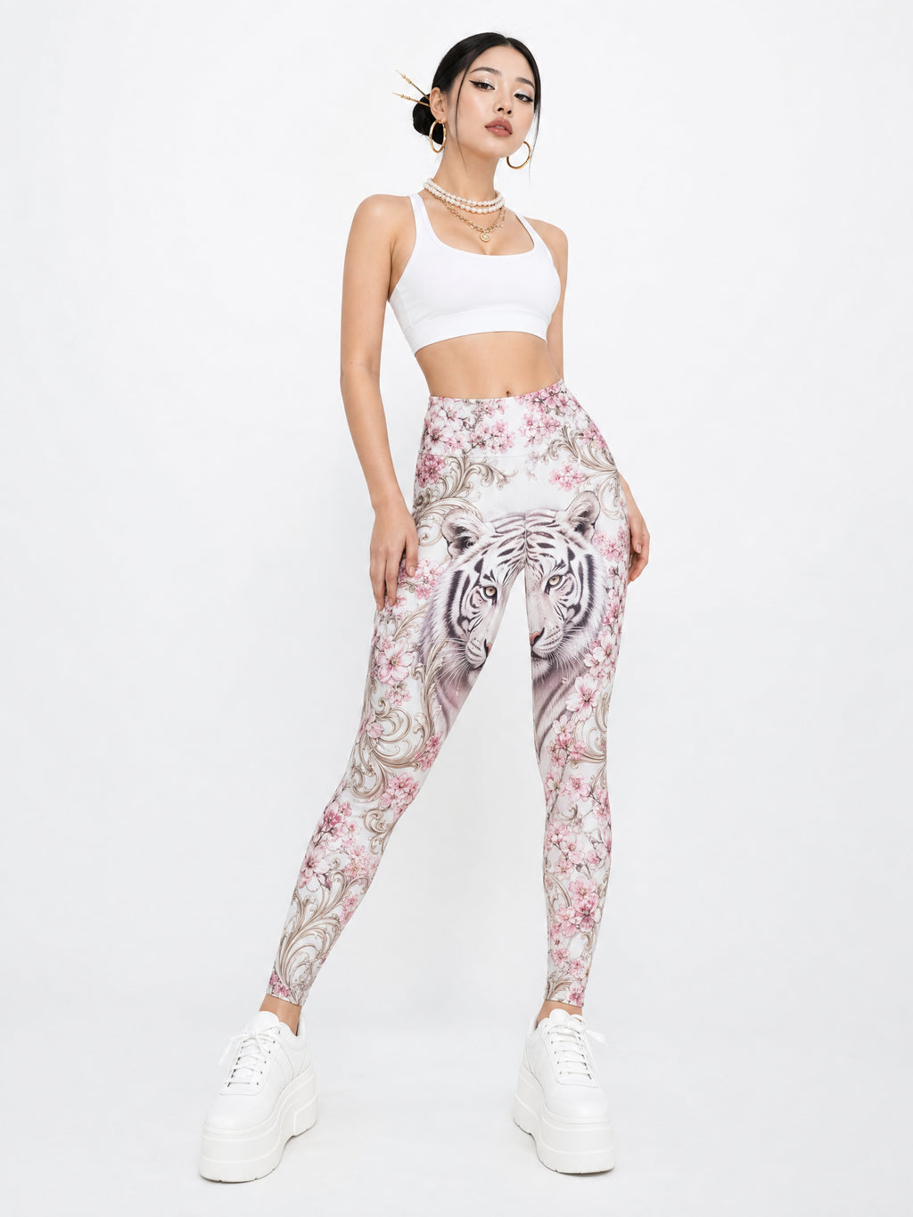 South Korean model with pearl necklace wearing White Tiger Cherry Blossom All-Over Print Leggings