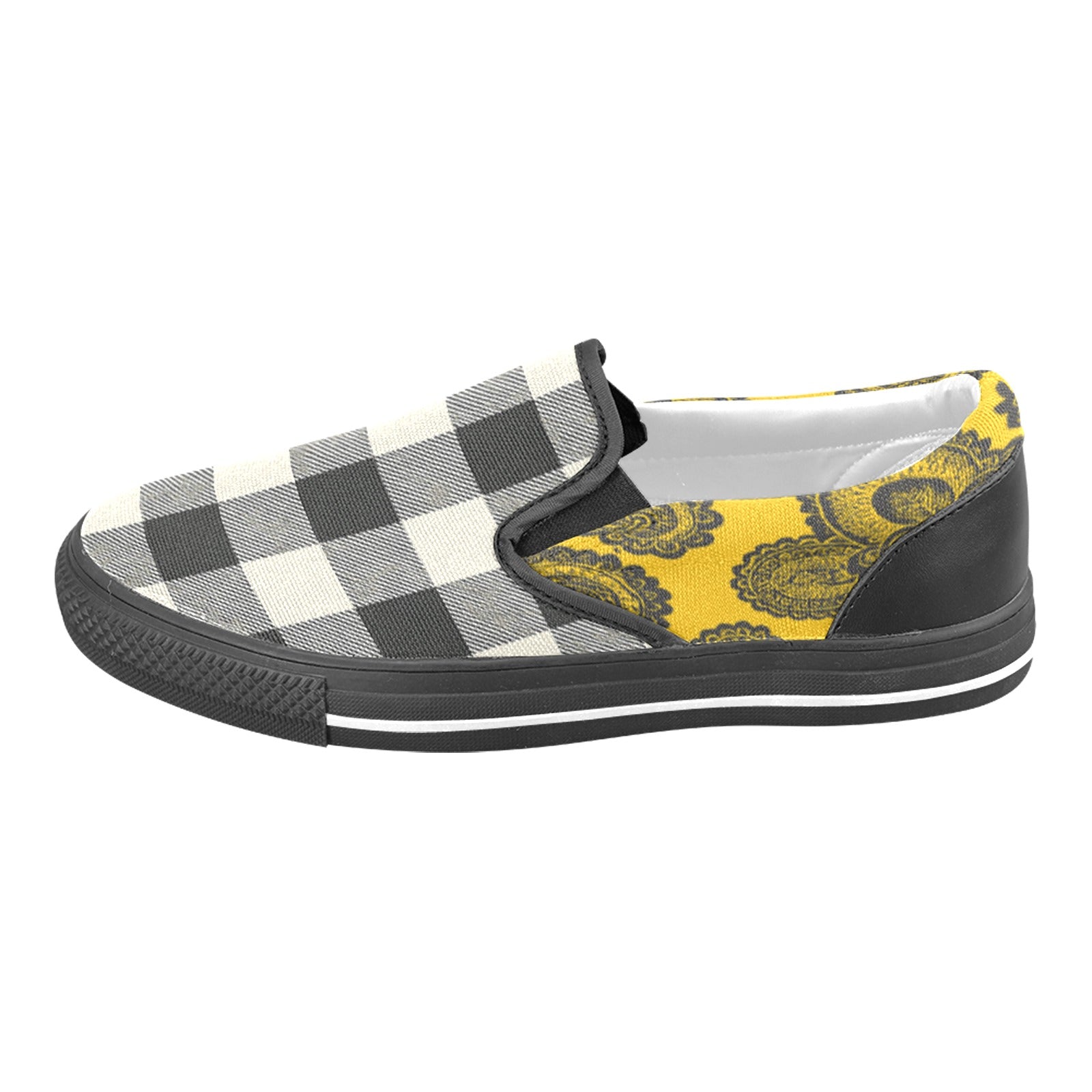 Men's yellow canvas slip-on shoe with abstract and checkerboard print — additional view 11